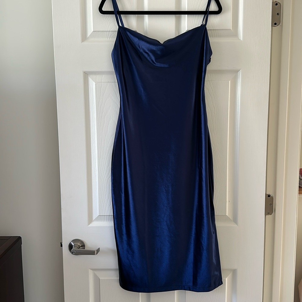 Sleeveless Spaghetti Strap Satin Dress Cowl Neck Midi
